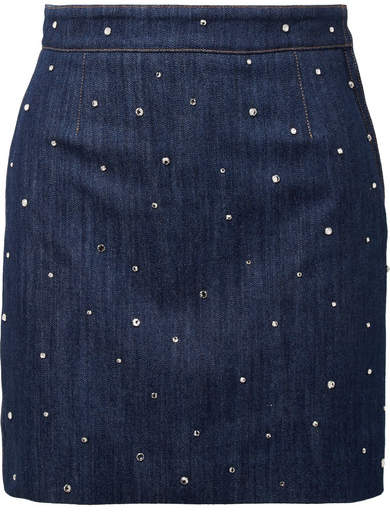 Miu Miu Denim Skirt w/ Crystals. BUY NOW!!! #BevHillsMag #beverlyhillsmagazine #fashion #style #shopping 
